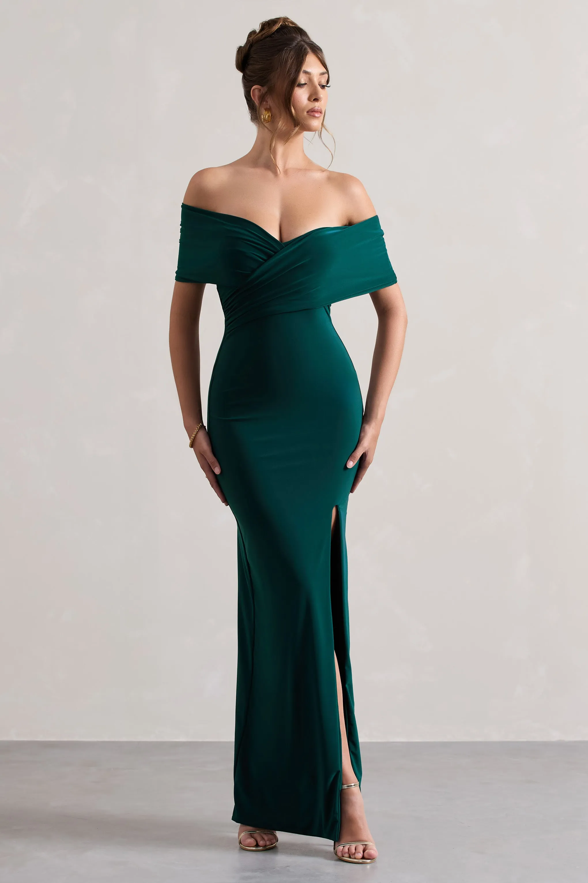 Refined | Bottle Green Twist Front Bardot Maxi Dress