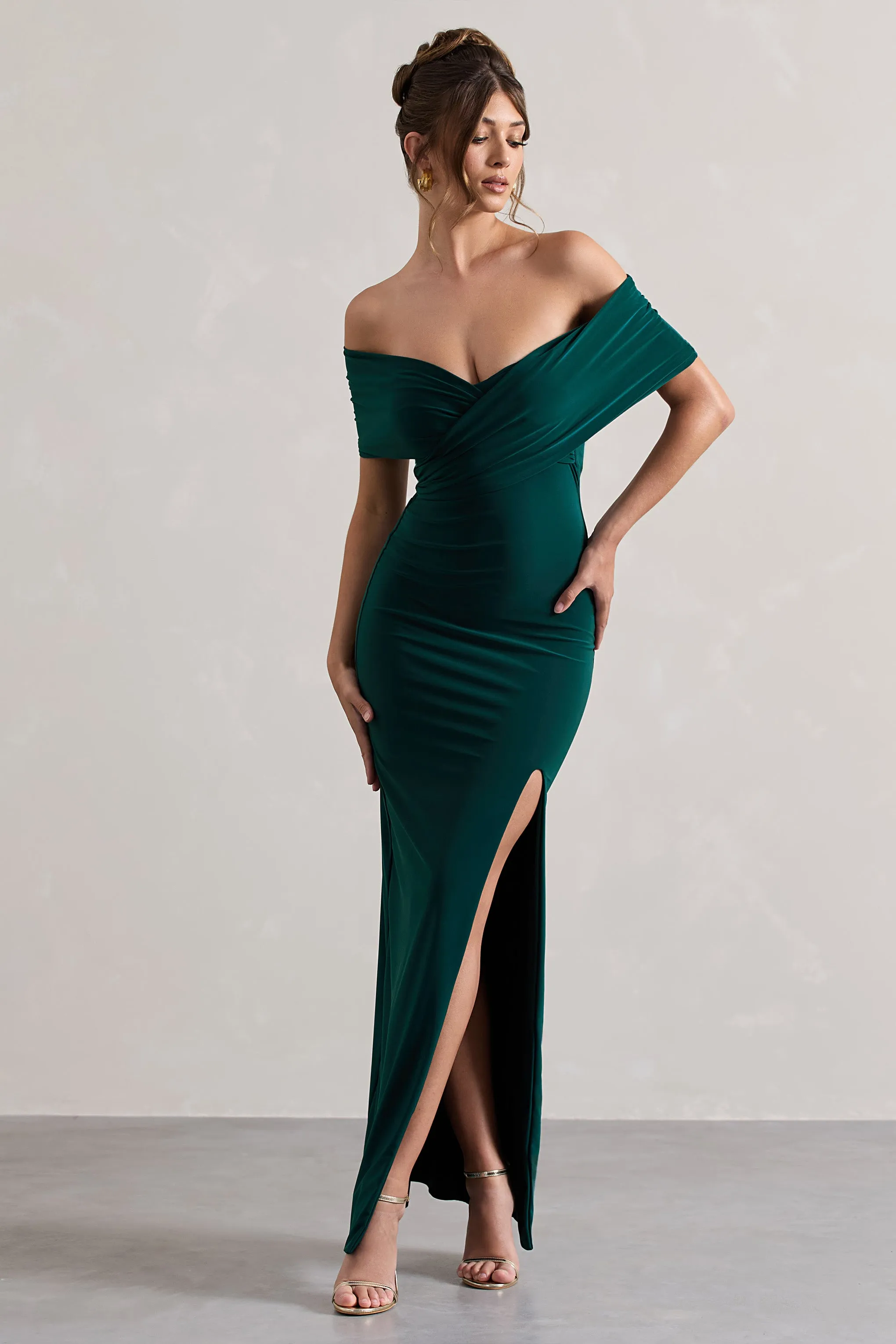 Refined | Bottle Green Twist Front Bardot Maxi Dress