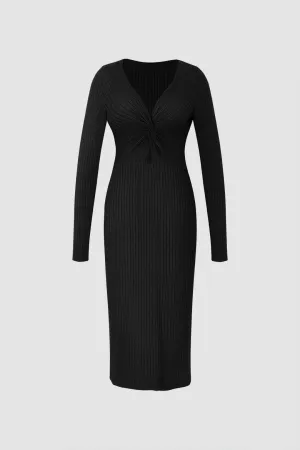 Ribbed Twist Detail Long Sleeve Midi Dress