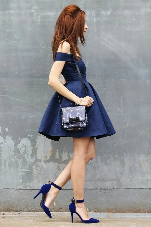 Royal Blue Satin A-line Off-the-Shoulder Sleeveless Homecoming Dresses, SH544