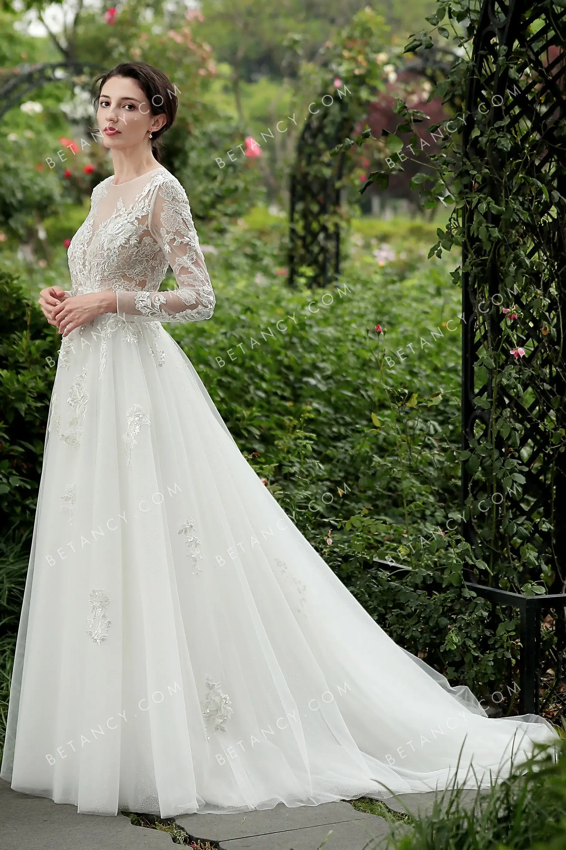 Sequinned Floral Lace Appliqued Illusion Wedding Dress