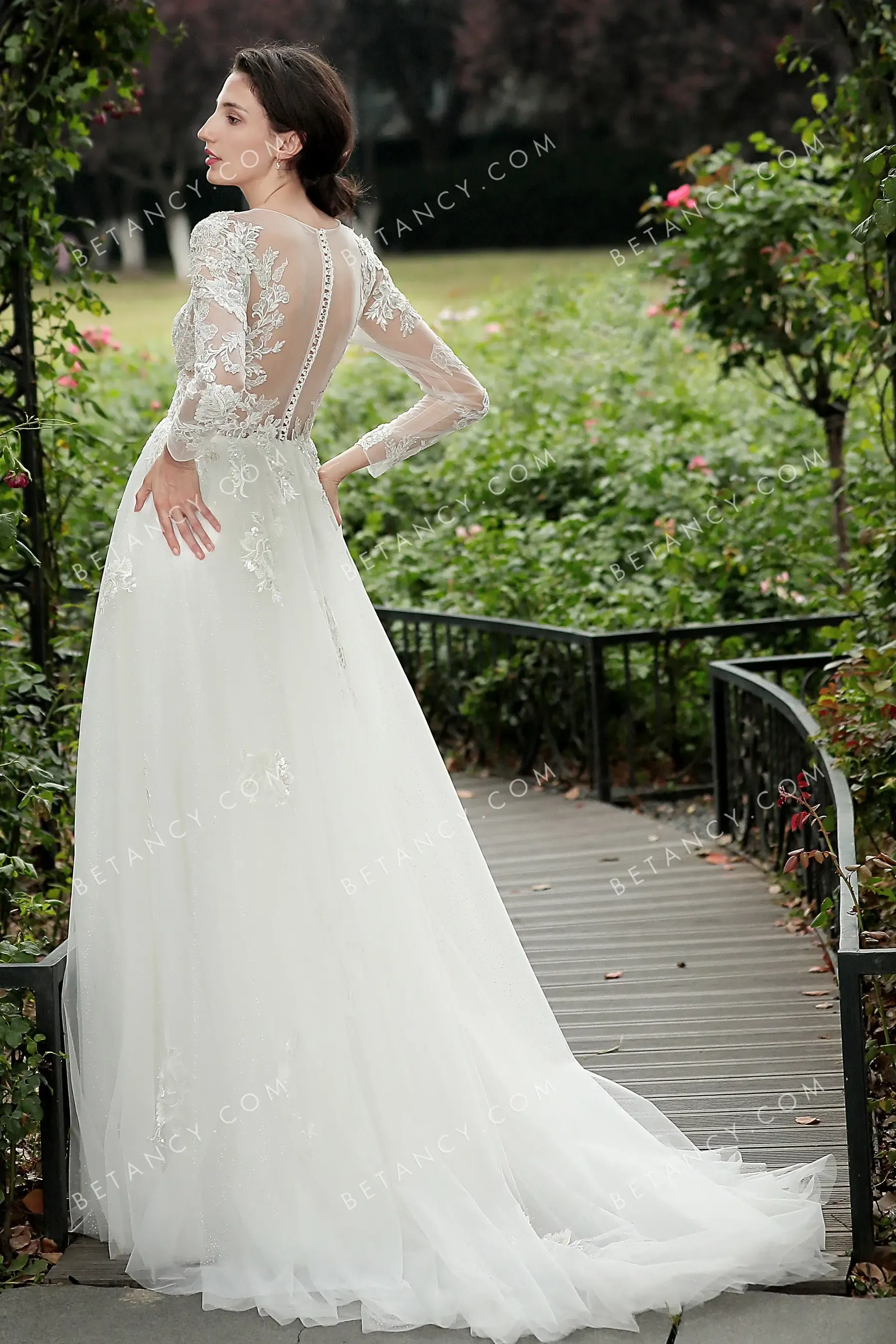 Sequinned Floral Lace Appliqued Illusion Wedding Dress