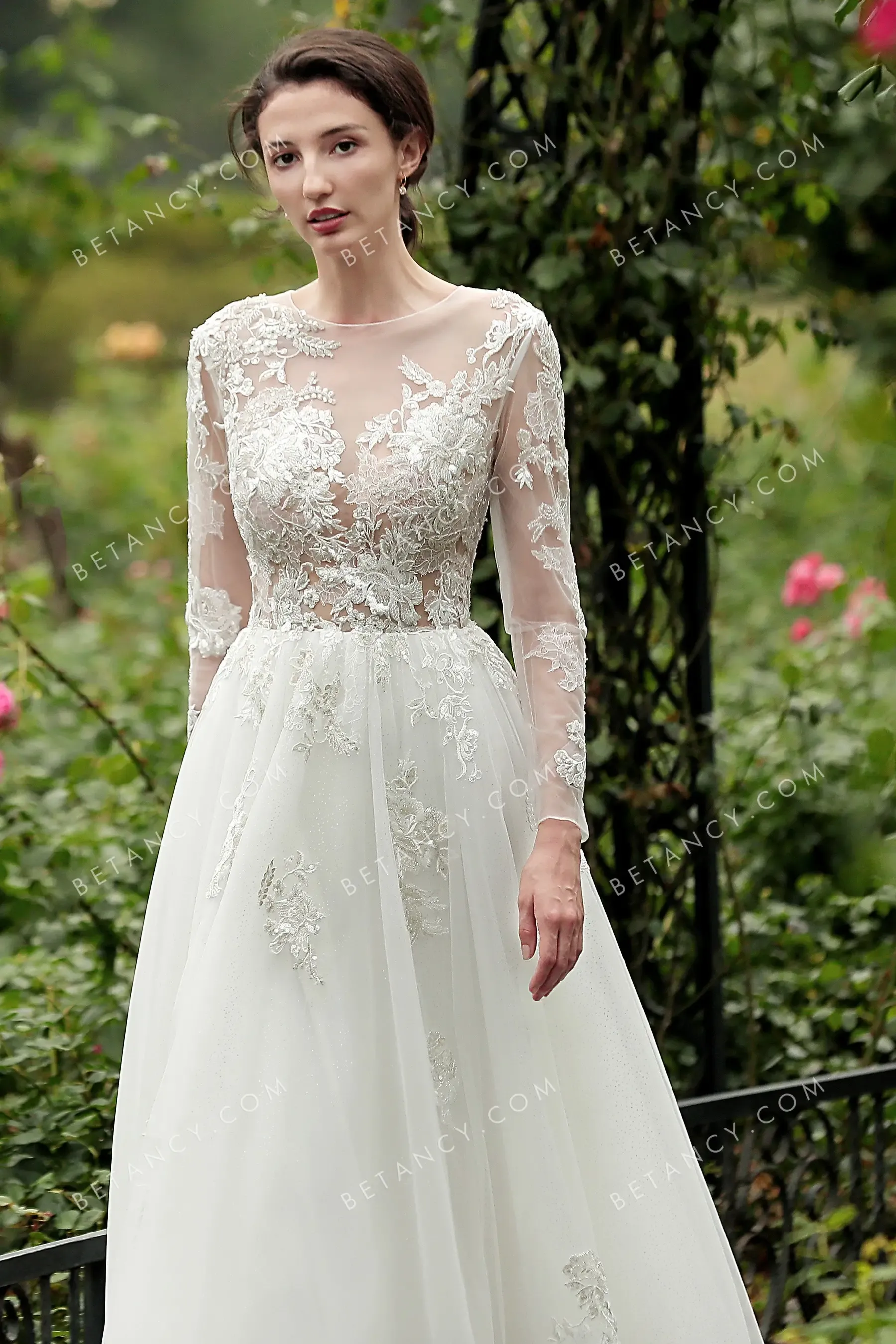 Sequinned Floral Lace Appliqued Illusion Wedding Dress