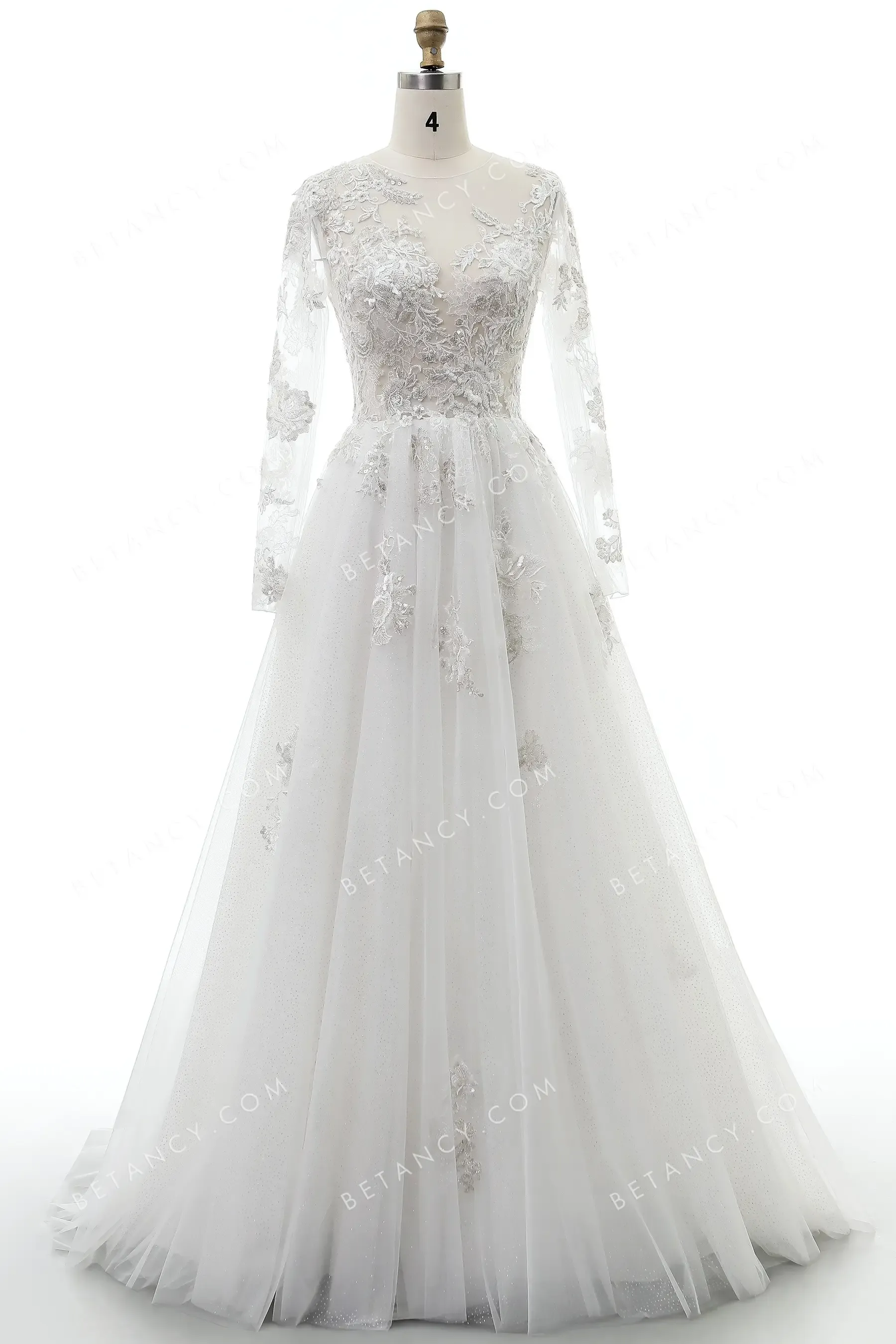 Sequinned Floral Lace Appliqued Illusion Wedding Dress