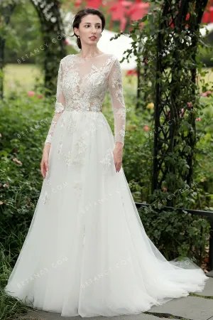 Sequinned Floral Lace Appliqued Illusion Wedding Dress