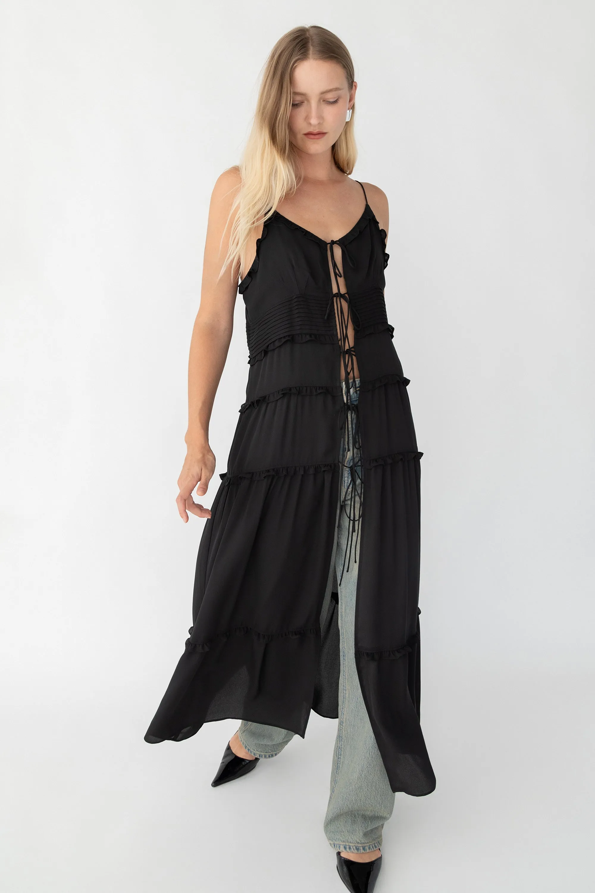 SHEER TIE-FRONT TIERED MIDI DRESS