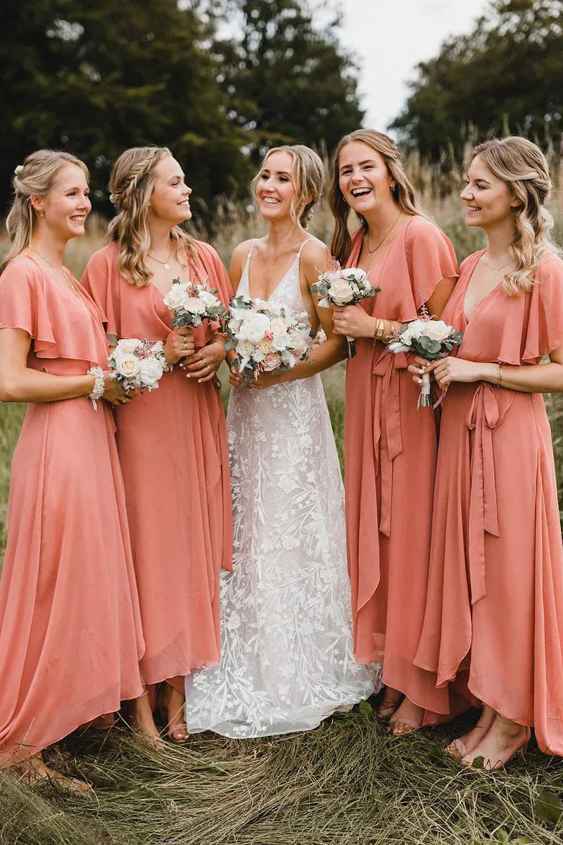 Simple A-Line Coral Chiffon Long Bridesmaid Dresses