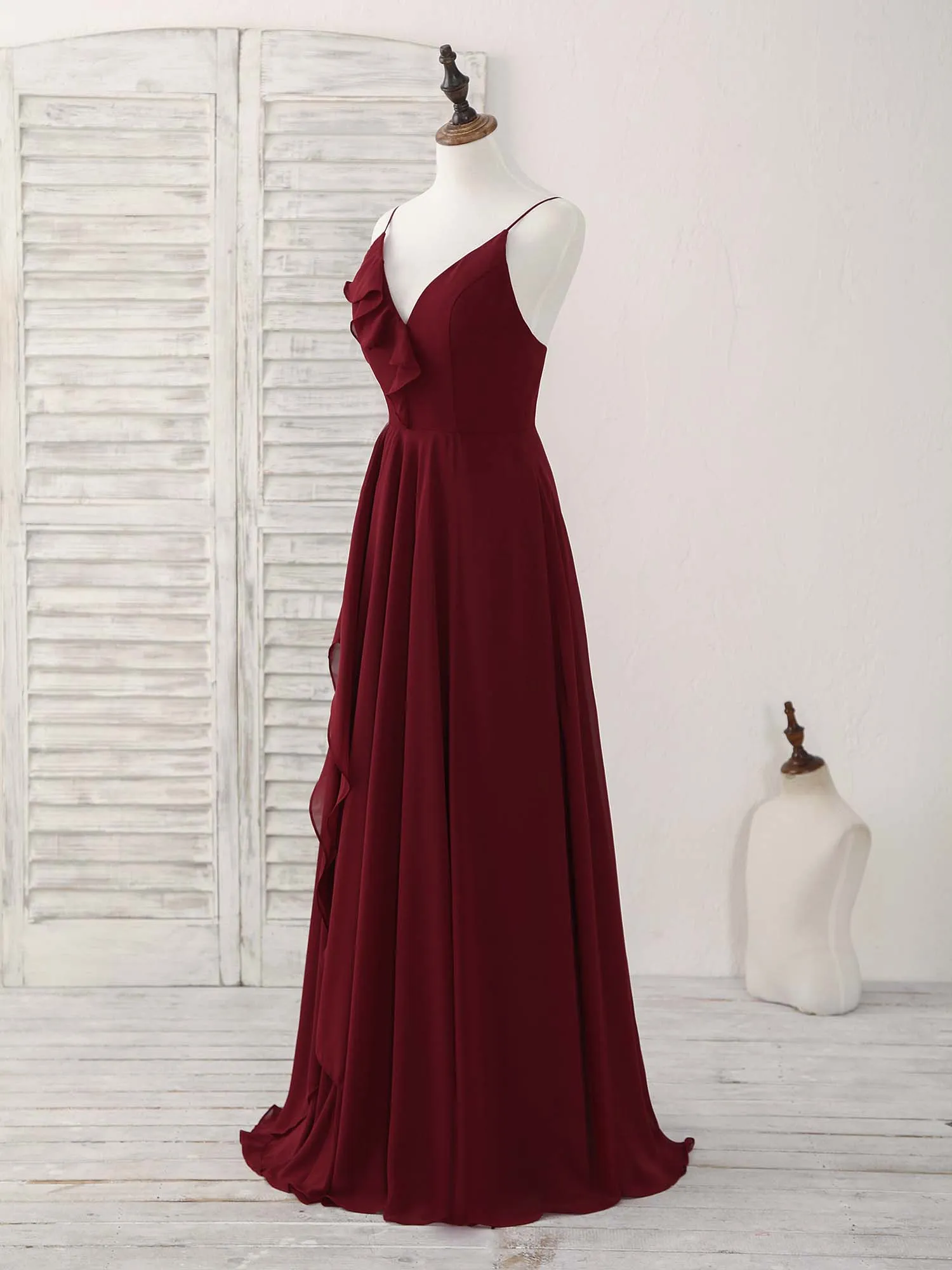 Simple Burgundy V Neck Chiffon Long Prom Dress Bridesmaid Dress