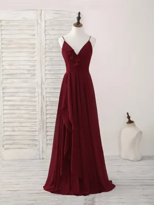 Simple Burgundy V Neck Chiffon Long Prom Dress Bridesmaid Dress