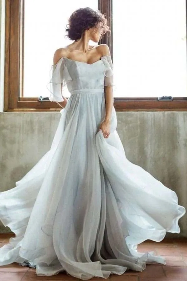 Simple Grey Chiffon A-line Off Shoulder Sweep Train Wedding Dresses, SW495