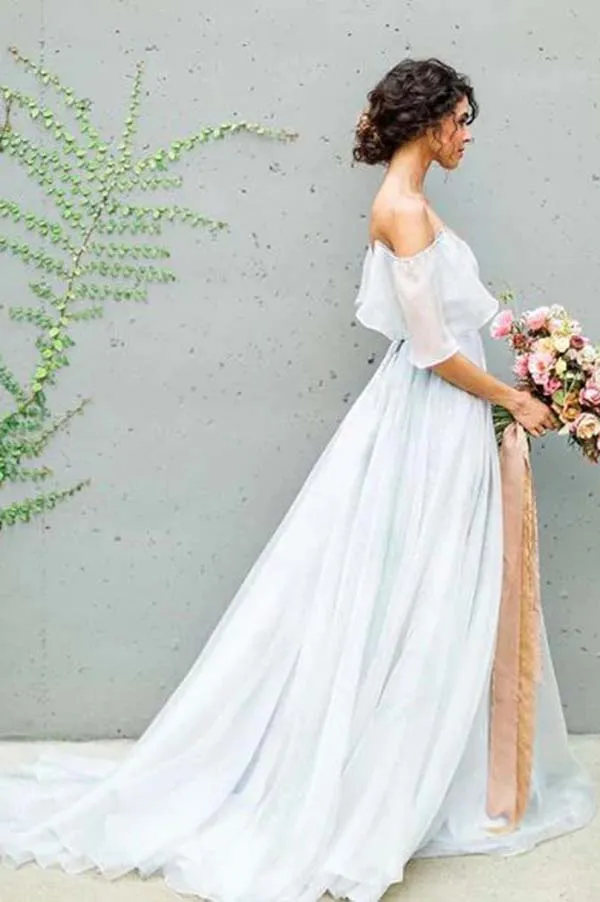 Simple Grey Chiffon A-line Off Shoulder Sweep Train Wedding Dresses, SW495