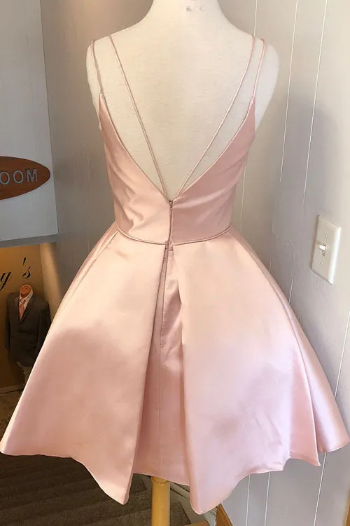 Simple Pink A-line V-neck Satin Straps Homecoming Dress, Party Dresses, SH507