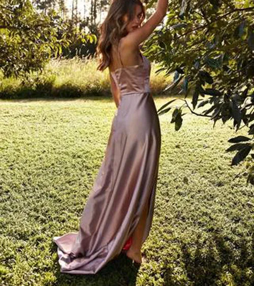 Simple Satin A-Line Backless Straps Cheap Long Prom Dress with Slit, SP409