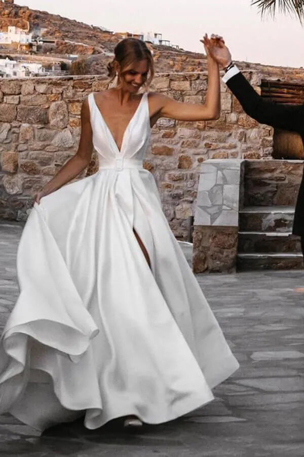 Simple Satin A-line V-neck Court Train Sleeveless Split Wedding Dresses, SW479