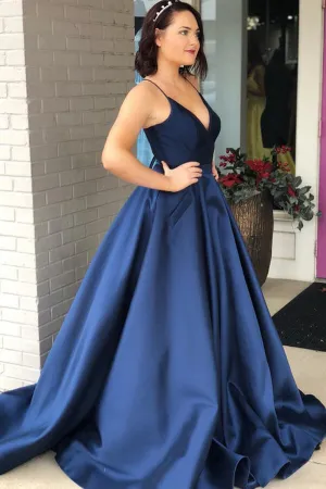 Simple Satin A-line V-neck Spaghetti Straps Prom Dresses With Chapel Train, SP722