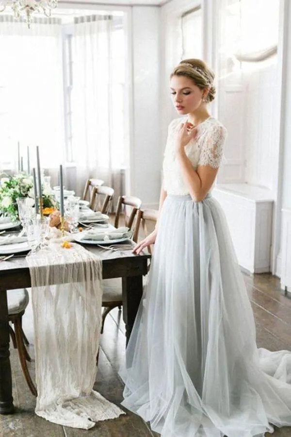 Simple Tulle Lace Two Pieces A-line Scoop Wedding Dresses, Bridal Gown, SW449