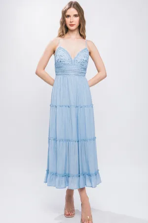 Sky Blue Crochet Layered Panels Long Dress