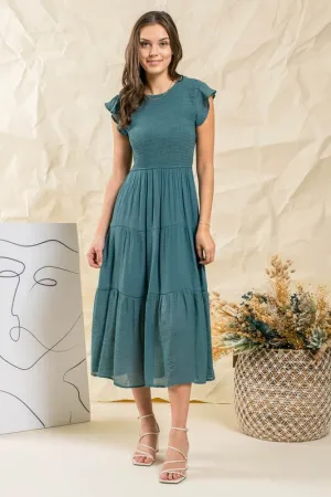 Teal Smocked Tiered Midi Dress