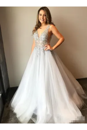 Tulle V Neck Ball Gown With Re-Embroidered Lace Appliques Prom/Wedding Dresses