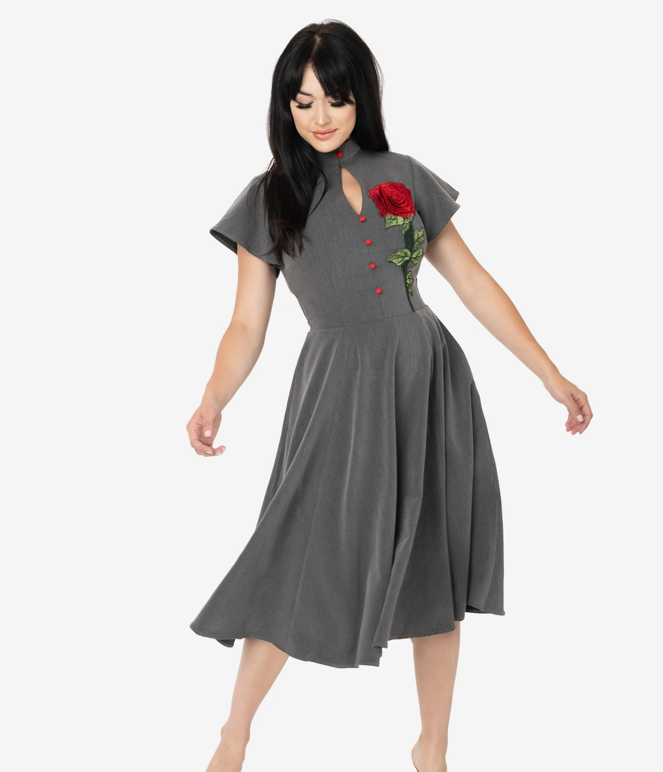 Unique Vintage Grey & Embroidered Red Rose Baltimore Swing Dress