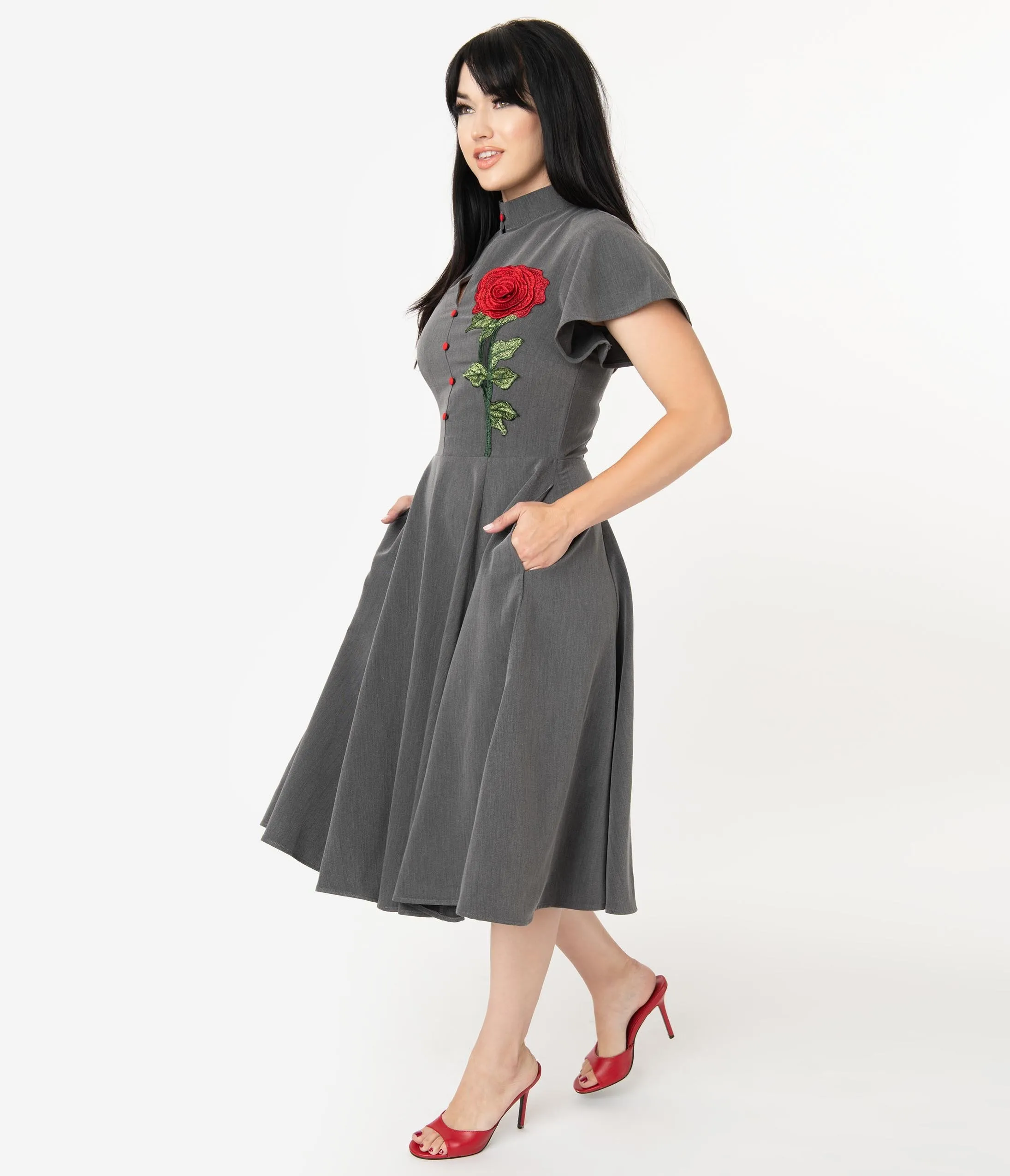 Unique Vintage Grey & Embroidered Red Rose Baltimore Swing Dress