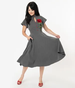 Unique Vintage Grey & Embroidered Red Rose Baltimore Swing Dress