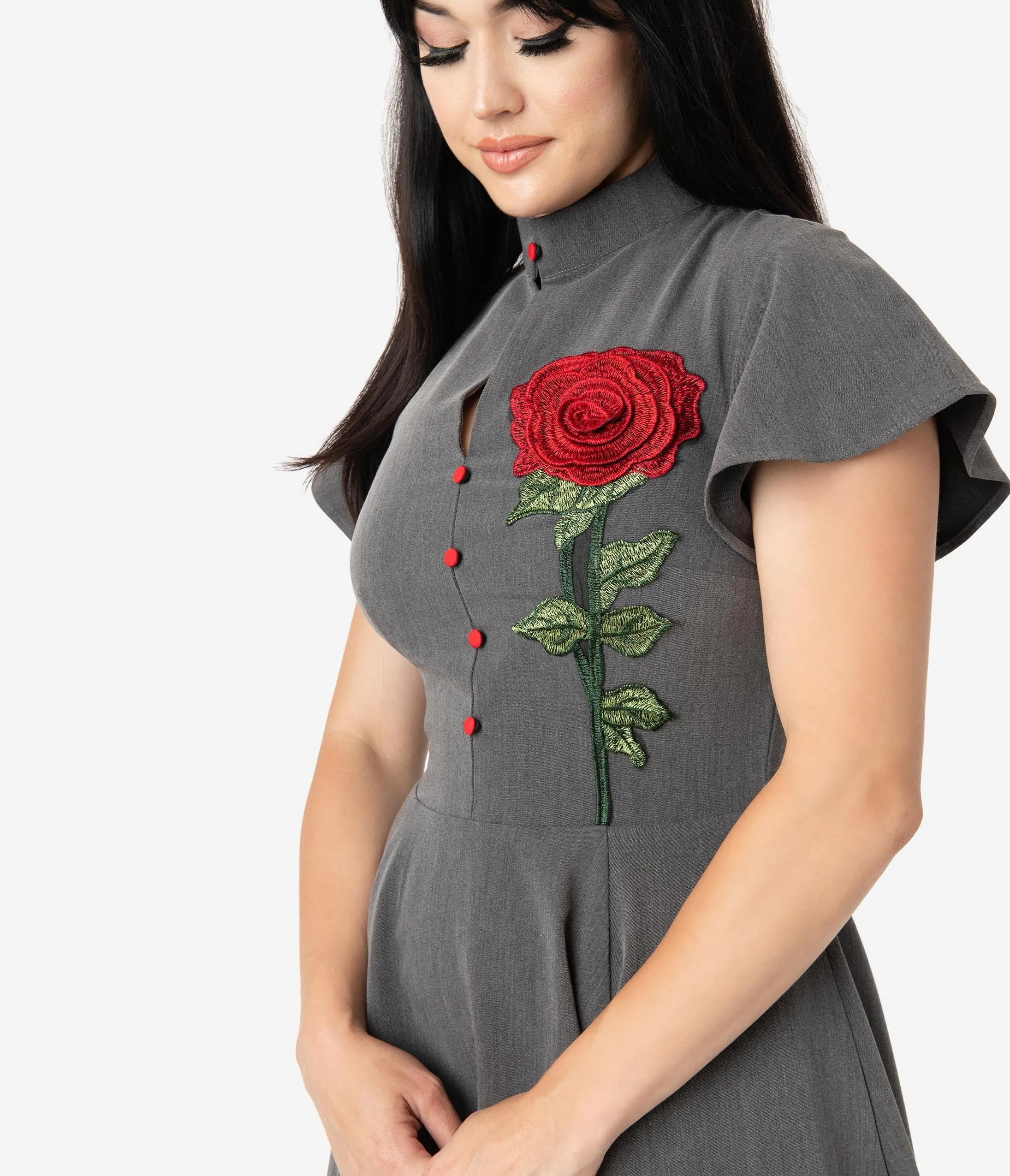 Unique Vintage Grey & Embroidered Red Rose Baltimore Swing Dress