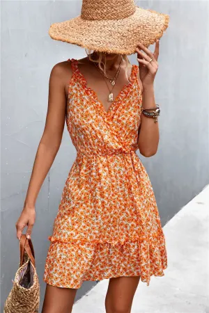 V-Neck Floral Ruffle Mini Dress | Orange