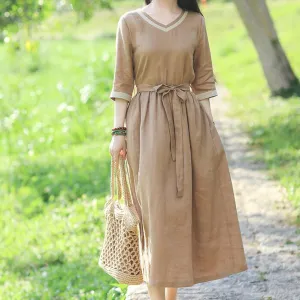 V Neck Women Dresses Casual Summer Linen Women Dresses SSM97215