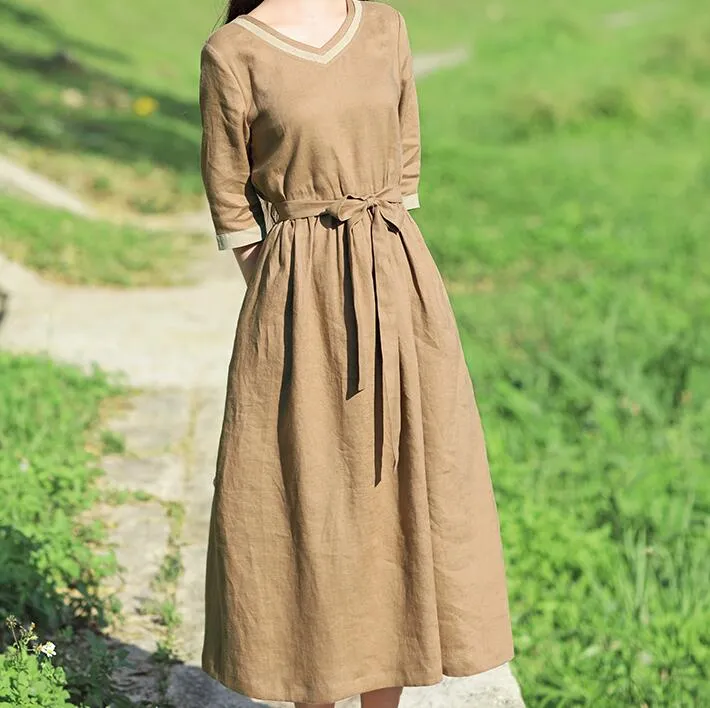 V Neck Women Dresses Casual Summer Linen Women Dresses SSM97215