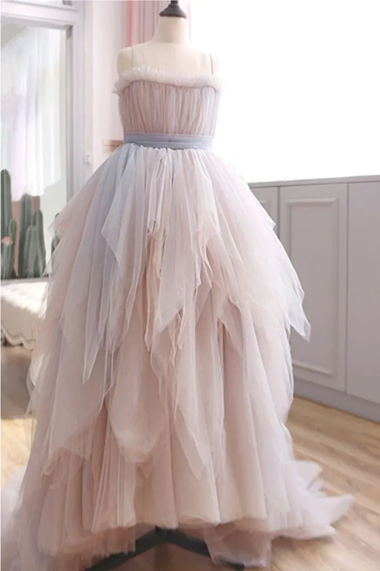 Vintage A Line Spaghetti Straps Blush Prom Dresses, Puffy Ruffles Party Dresses