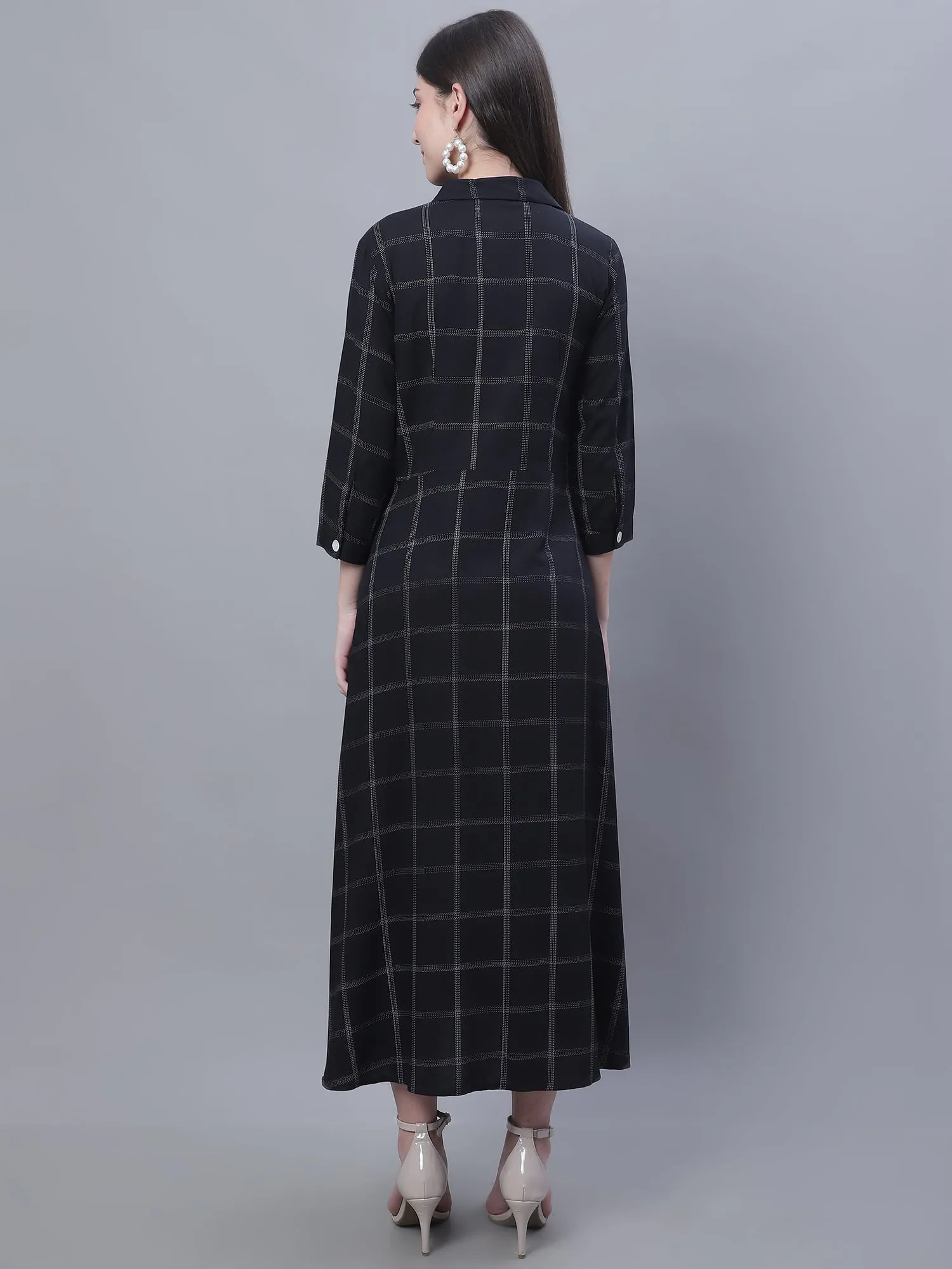 Women's Casual Shirt Collar Black Checks Fit & Flared Dress