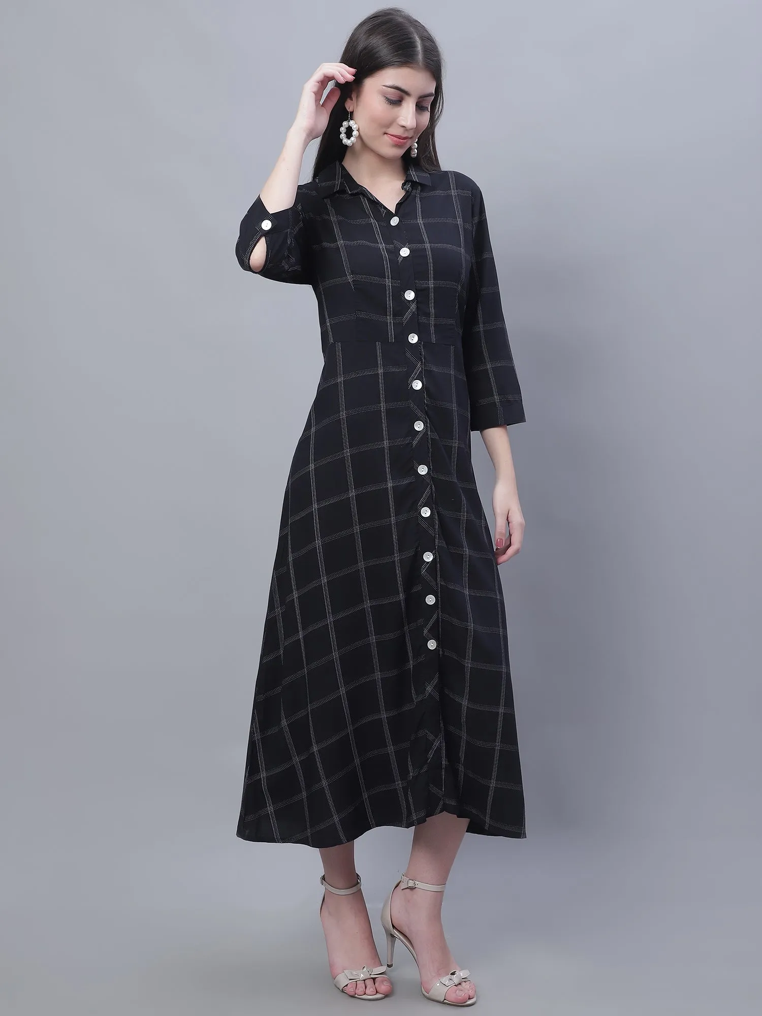 Women's Casual Shirt Collar Black Checks Fit & Flared Dress