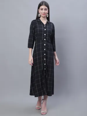 Women's Casual Shirt Collar Black Checks Fit & Flared Dress