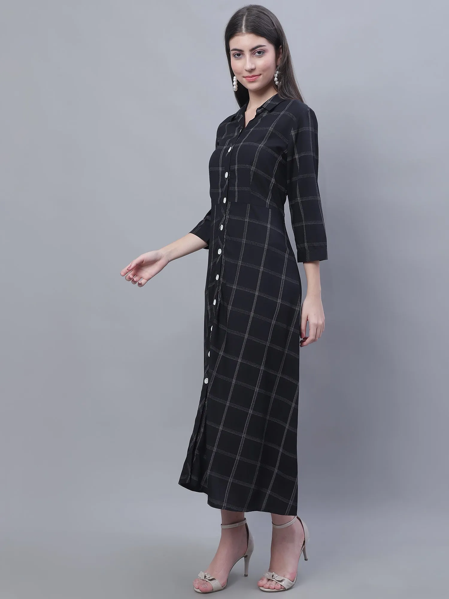 Women's Casual Shirt Collar Black Checks Fit & Flared Dress