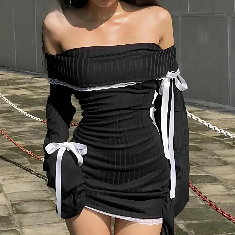 Y2K Corduroy Off Shoulder Bow Mini Dress