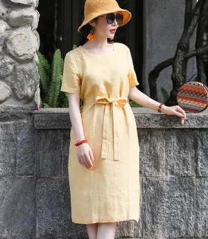 Yellow Women Dresses Ramie Casual Spring Linen Women Dresses SSM97215